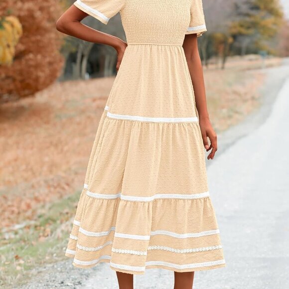 Women's Casual Summer Maxi Dress Short Sleeve Swiss Dot V Neck Smocked Long Flow - Picture 7 of 8